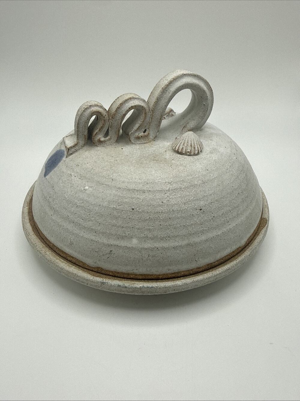 Vintage Handmade Pottery Lidded Blue & Cream Cheese Crock w Ribbon Handles